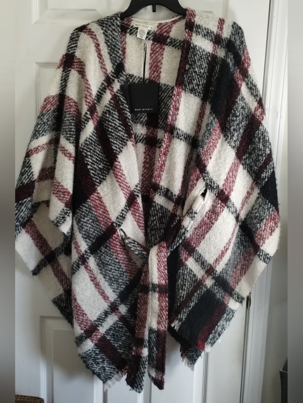 NWT Max Studio Women's Plaid Poncho - White/Black/Burgundy One Size